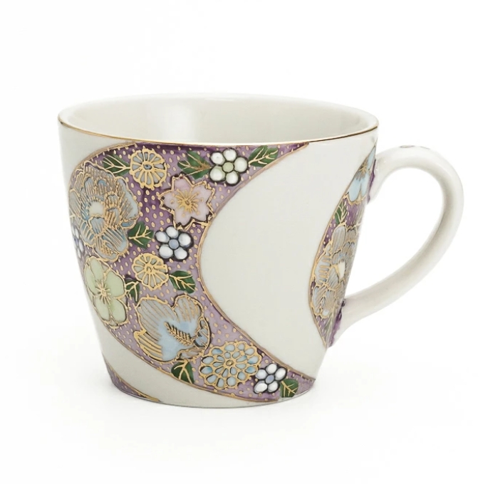 九谷焼 マグカップ 割取金襴花詰 紫 単品 / 大志窯