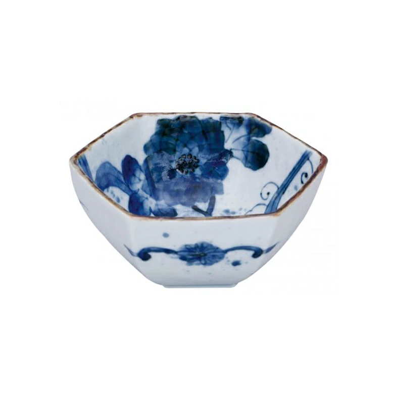 染付流水菊 六角小鉢