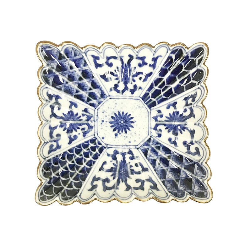 有田焼　福泉窯　染付割地紋　菊割長角六寸皿