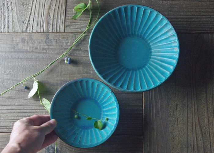 益子焼 シャビーターコイズ　朝顔鉢（小）おしゃれ 北欧風 しのぎ 鉢 ターコイズブルー 青緑 トルコブルー ブルー