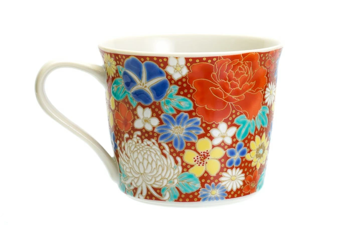 九谷焼 マグカップ 花詰 赤/青郊窯