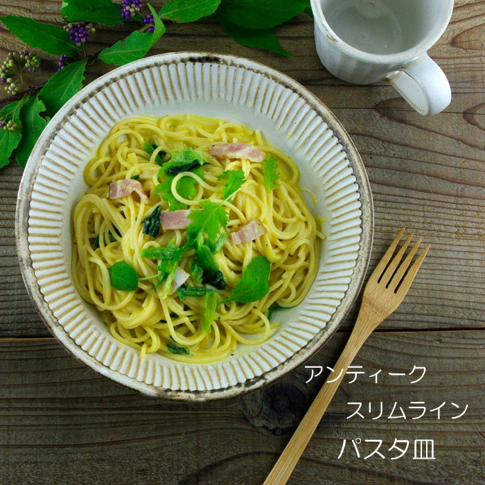 益子焼アンティークスリムライン パスタ皿 (リム付き鉢　リムボウル）