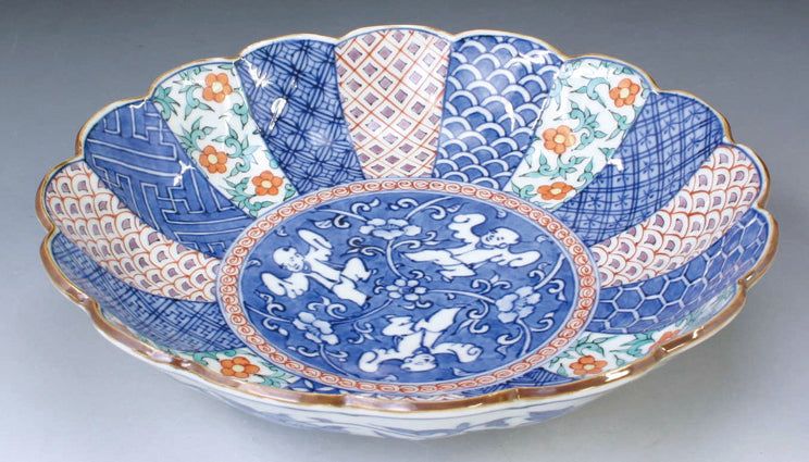 京焼・清水焼 高野昭阿弥 色絵祥瑞唐子菊型七寸鉢