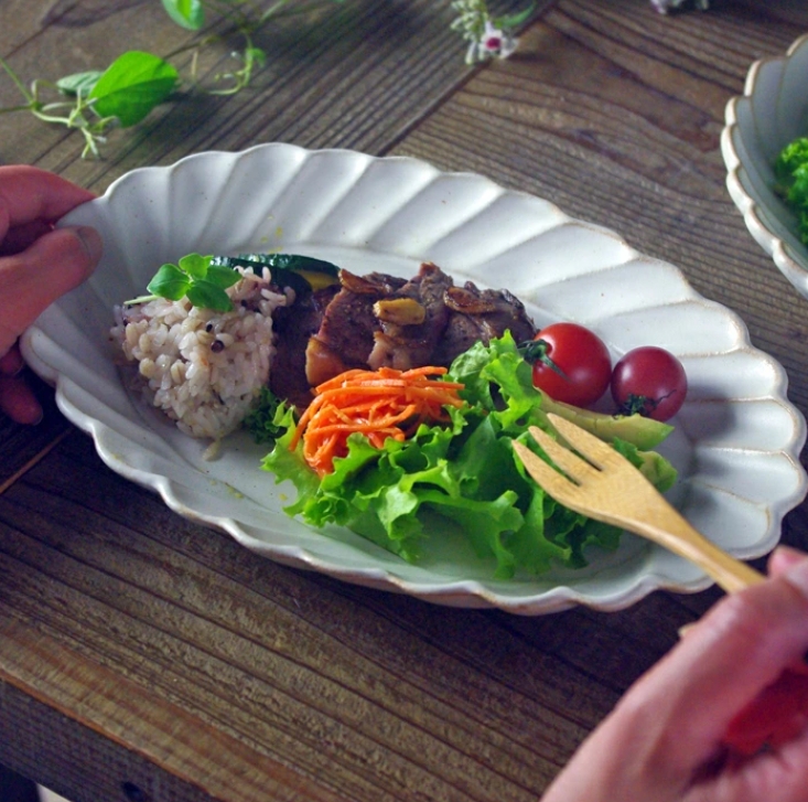 益子焼 メレンゲ皿 楕円（大）kinari オーバル皿 アイボリー シンプル 花型 大皿 わかさま陶芸