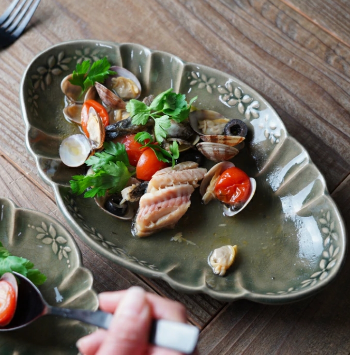 益子焼 ラビエ 浅鉢（大） グレー / シンデレラシリーズ わかさま陶芸 楕円鉢 浅鉢