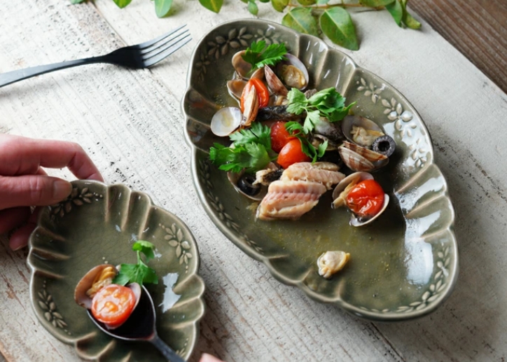 益子焼 ラビエ 浅鉢（大） グレー / シンデレラシリーズ わかさま陶芸 楕円鉢 浅鉢