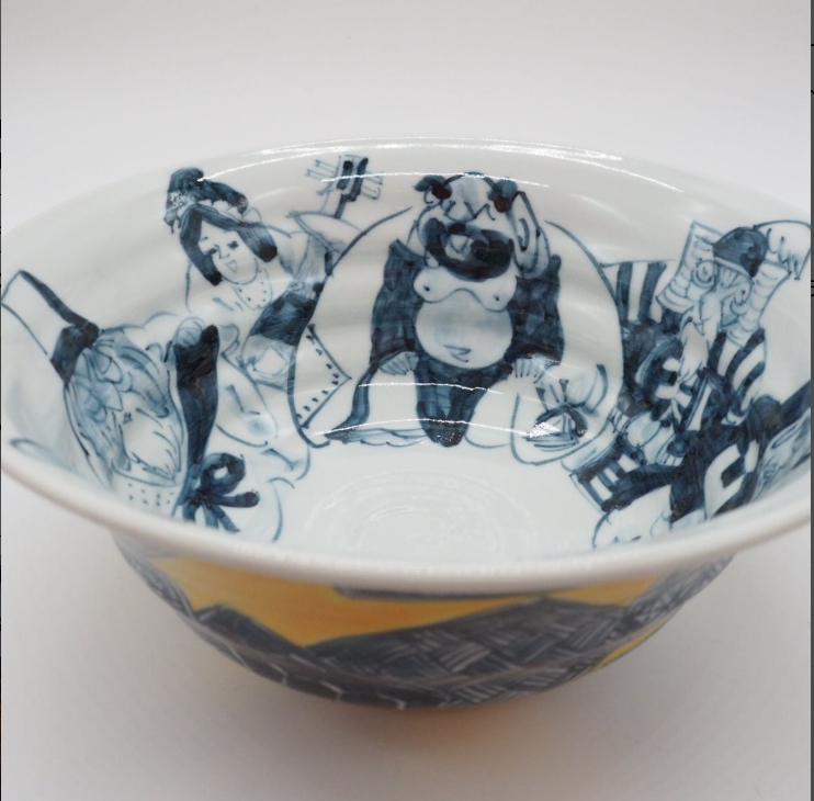 京焼・清水焼 村田幸之介(六齋窯) 七福神黄地祥瑞丼