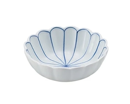 有田焼 染付筋入菊割 菊型小鉢