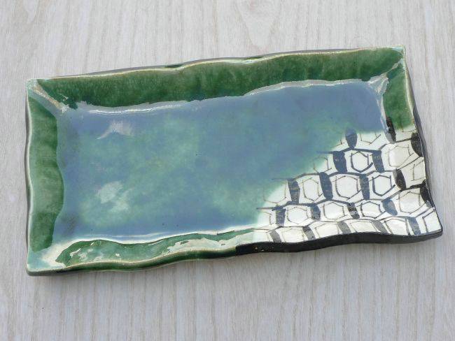 京焼 清水焼 織部　8寸長角皿　陶化