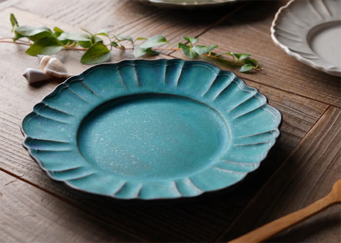 益子焼 ドレスのお皿 シャビーターコイズ