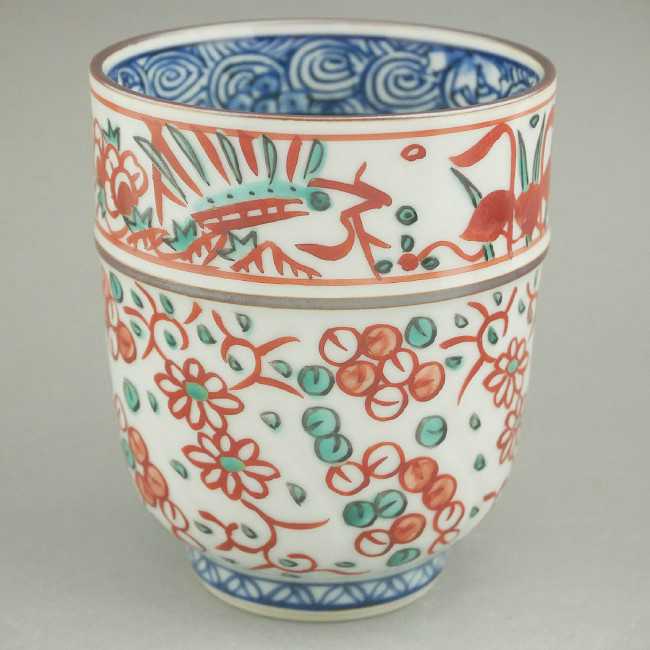 京焼 清水焼 彫赤絵花鳥湯呑　雙楽　小