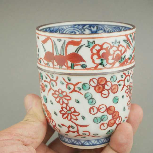 京焼 清水焼 彫赤絵花鳥湯呑　雙楽　小