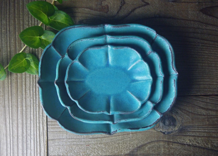 ロータス（中）シャビーターコイズ 益子焼 浅鉢