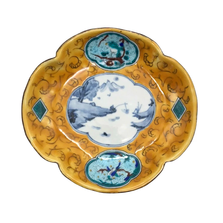 文吉窯 6寸木瓜皿 染山水青手古九谷(黄)