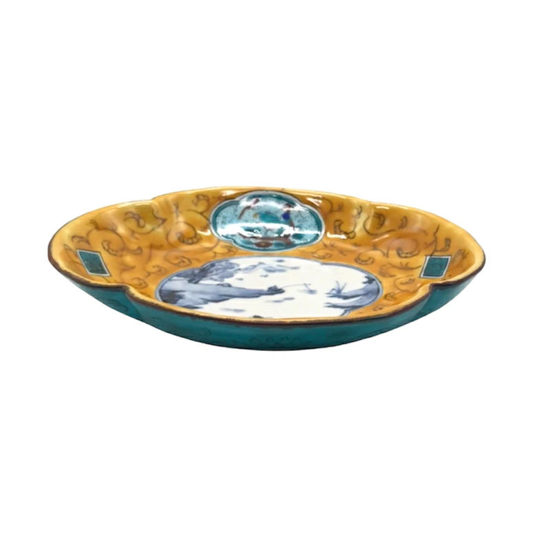 文吉窯 6寸木瓜皿 染山水青手古九谷(黄)