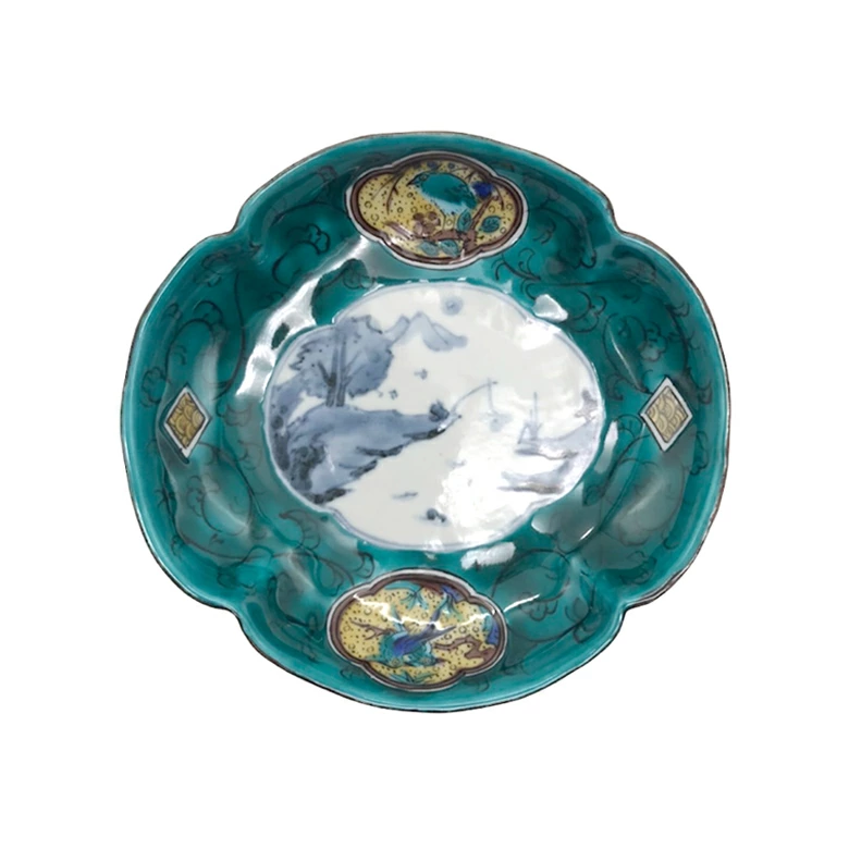 文吉窯 5寸木瓜皿 染山水青手古九谷