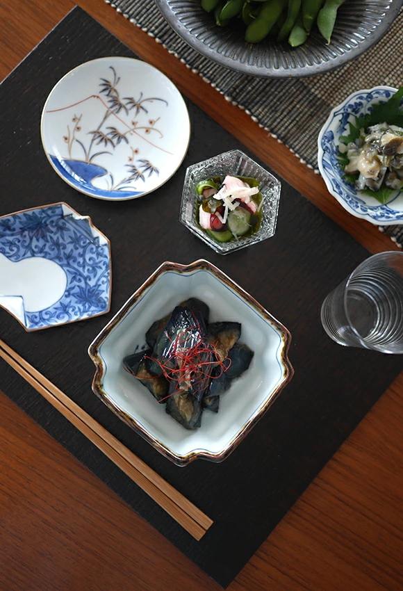 有田焼 染付竹垣福寿字紋　隅切小鉢