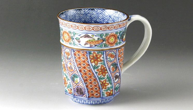 京焼・清水焼 高野昭阿弥 赤絵捻古紋手付湯呑