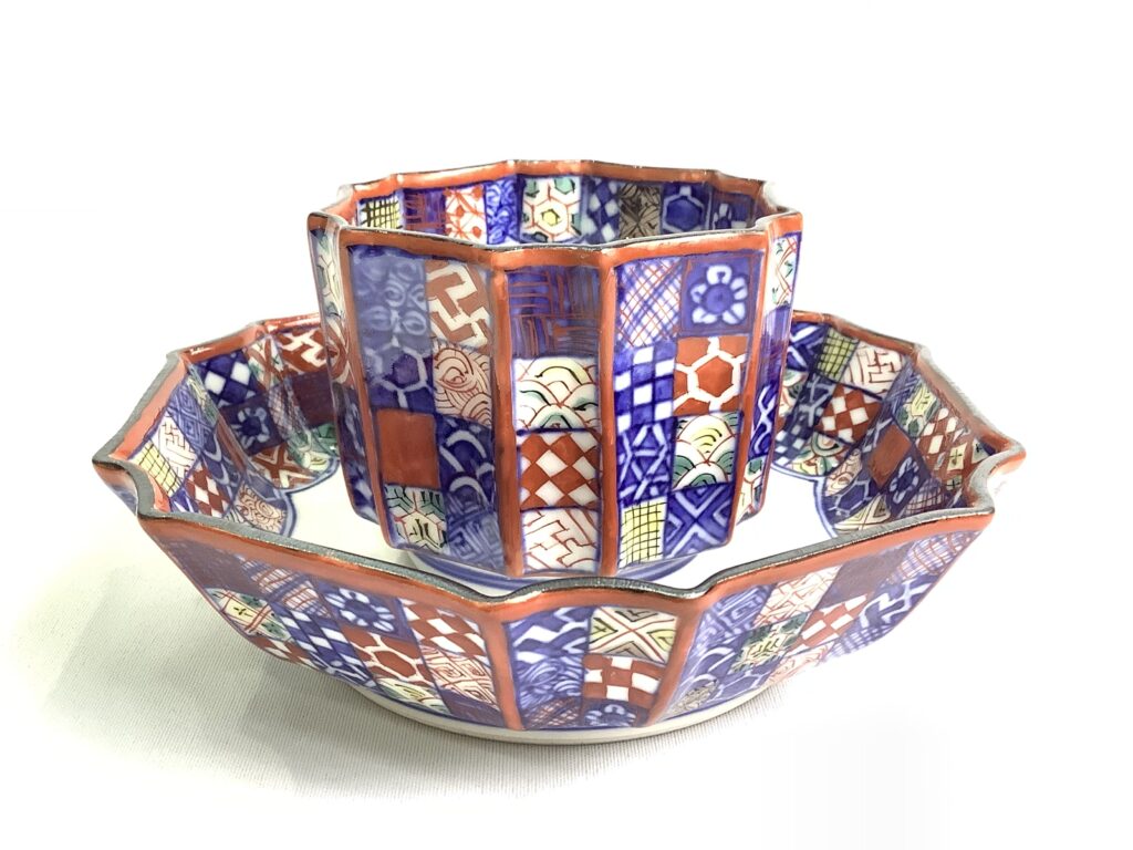 京焼・清水焼 矢野正三（碧黄石窯） 桝色小紋碗皿（手無し）