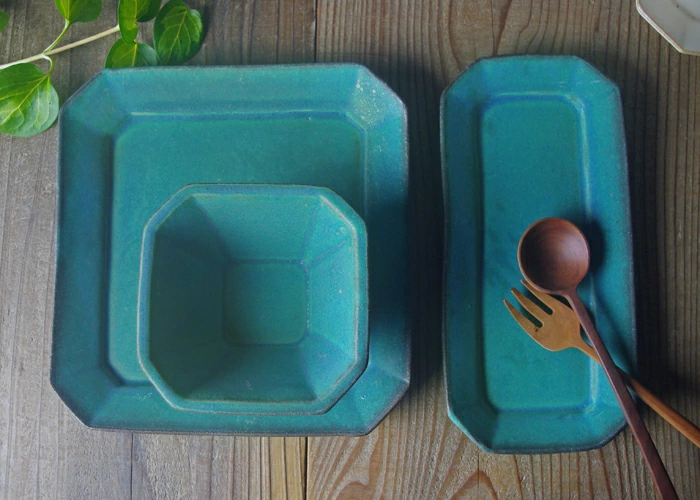 益子焼 八角オードブル皿 シャビーターコイズ スクエア 角皿