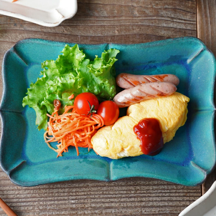 益子焼 ロータス【角/大】 シャビーターコイズ わかさま陶芸