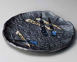 和食器 ヤ169-058 黒三彩変型丸大皿