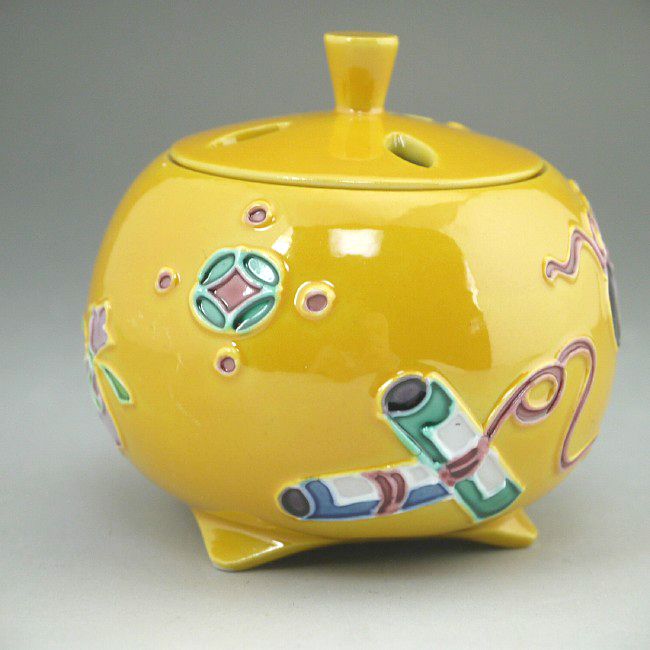 京焼 清水焼 黄交趾宝尽し香炉　昇峰