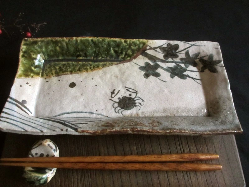 
長角皿 ■ 佐藤和次 織部蟹・紅葉文 長角皿 (一皿) 
