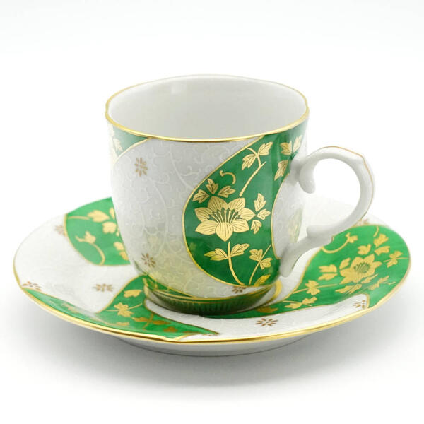 吉田美統【人間国宝】九谷焼コーヒー碗皿（カップ＆ソーサー）金襴手捻り花唐草 緑