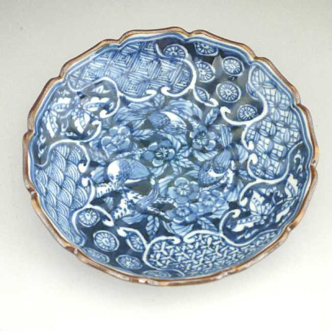 京焼 清水焼 染付捻子花鳥四寸皿　壹楽　単品