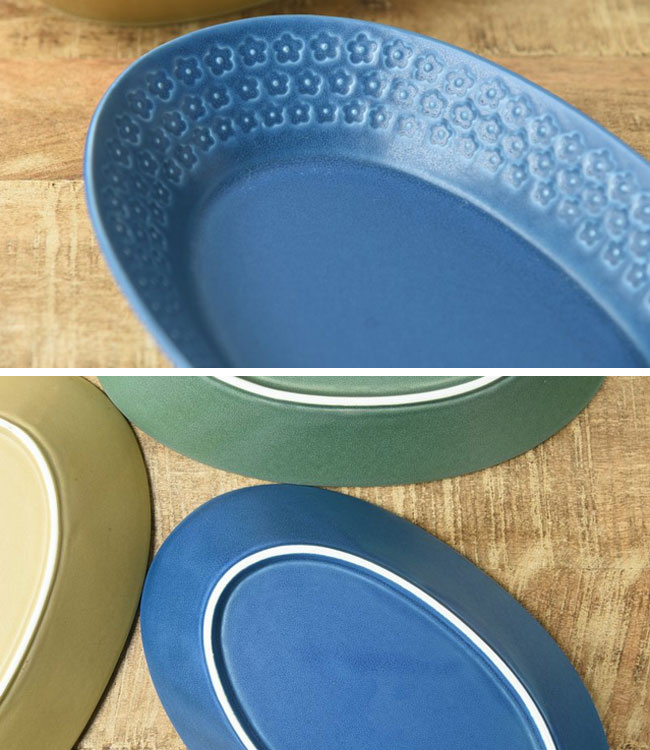 美濃焼 プレス・ド・フラワー オーバルベーカー 26.5cm 選べる4色 / 花柄 オーバルプレート 楕円皿