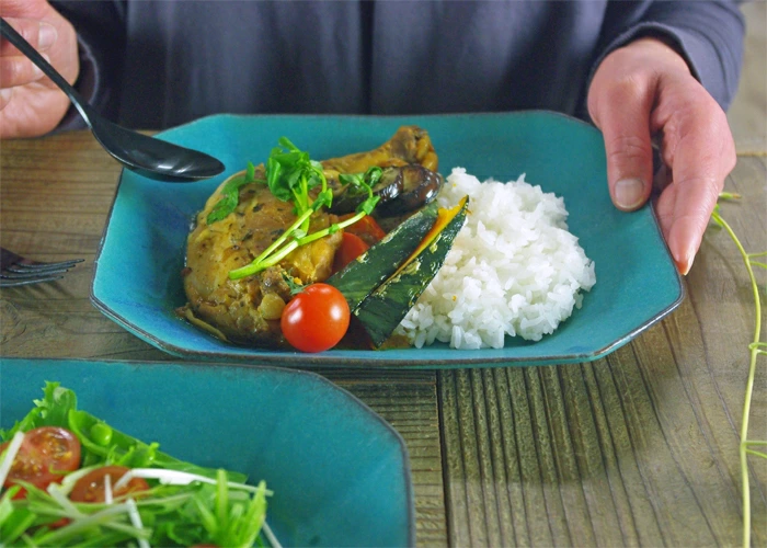 やさしい器 八角皿 (大) シャビーターコイズ 益子焼 八角形