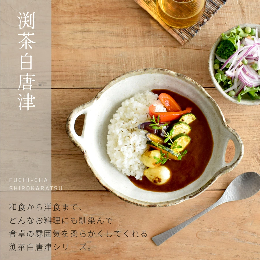 渕茶白唐津手付きパスタ皿 パスタ皿 美濃焼