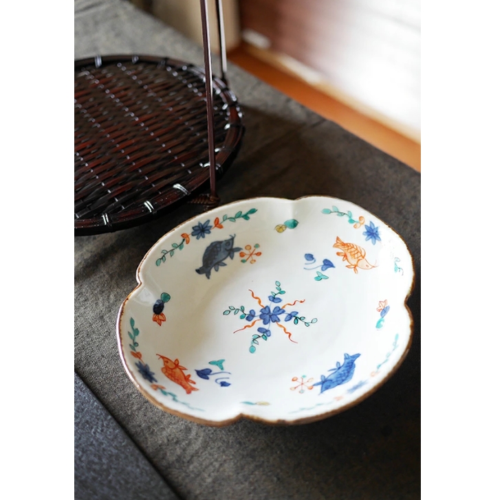 文吉窯 6寸モッコ型皿 魚藻文