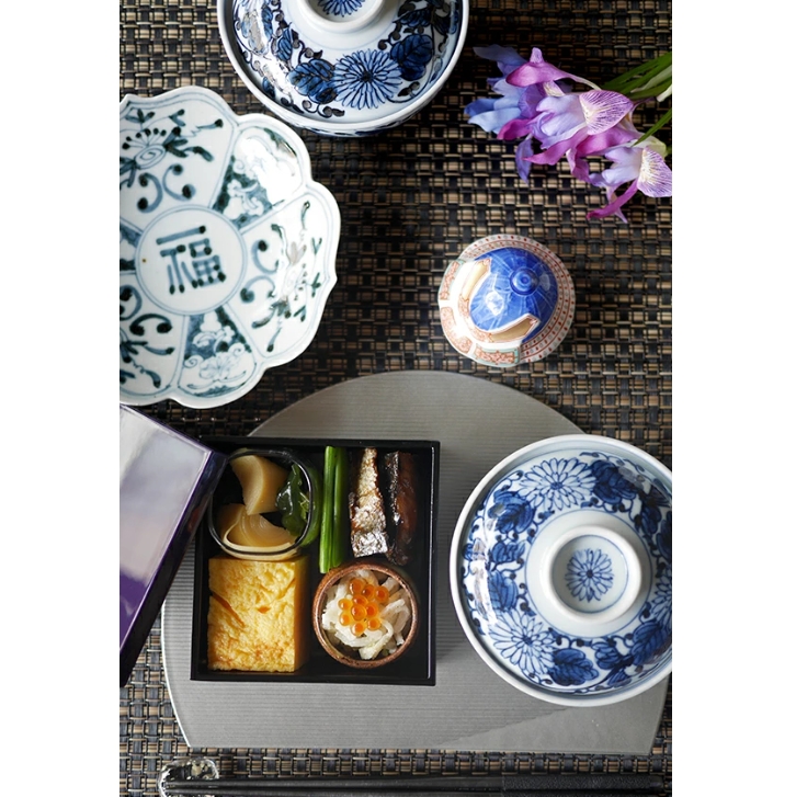 古染付草花紋 輪花皿