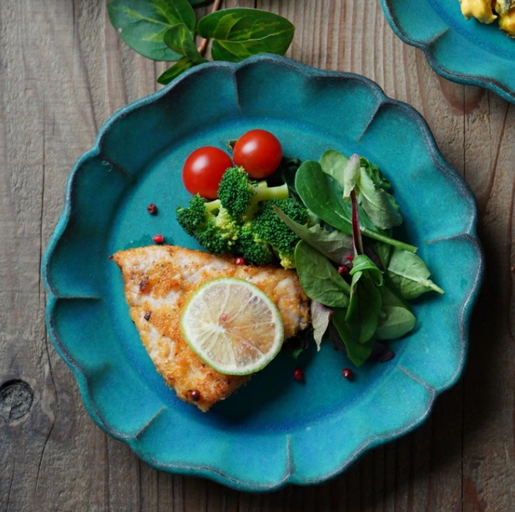 益子焼 ひまわりのお皿 シャビーターコイズ フリル リム皿 中皿 青 ナチュラル