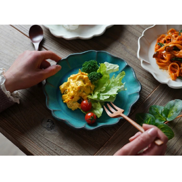 益子焼 ひまわりのお皿 シャビーターコイズ フリル リム皿 中皿 青 ナチュラル