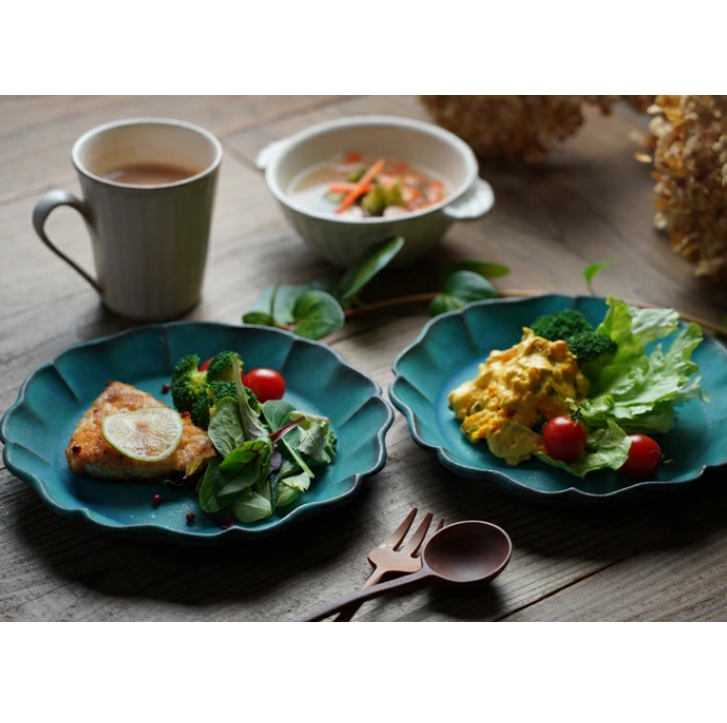 益子焼 ひまわりのお皿 シャビーターコイズ フリル リム皿 中皿 青 ナチュラル