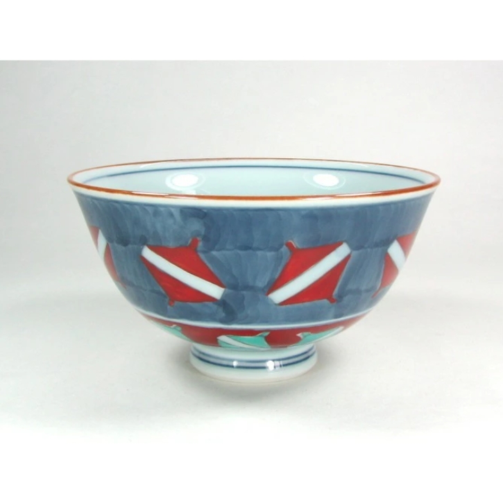 【有田焼】【弥源次窯】 染錦コマ絵飯碗 （大・緑）《こま・独楽》