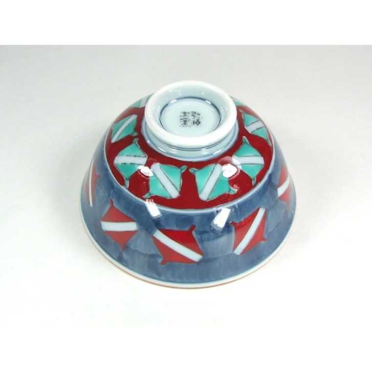 【有田焼】【弥源次窯】 染錦コマ絵飯碗 （大・緑）《こま・独楽》