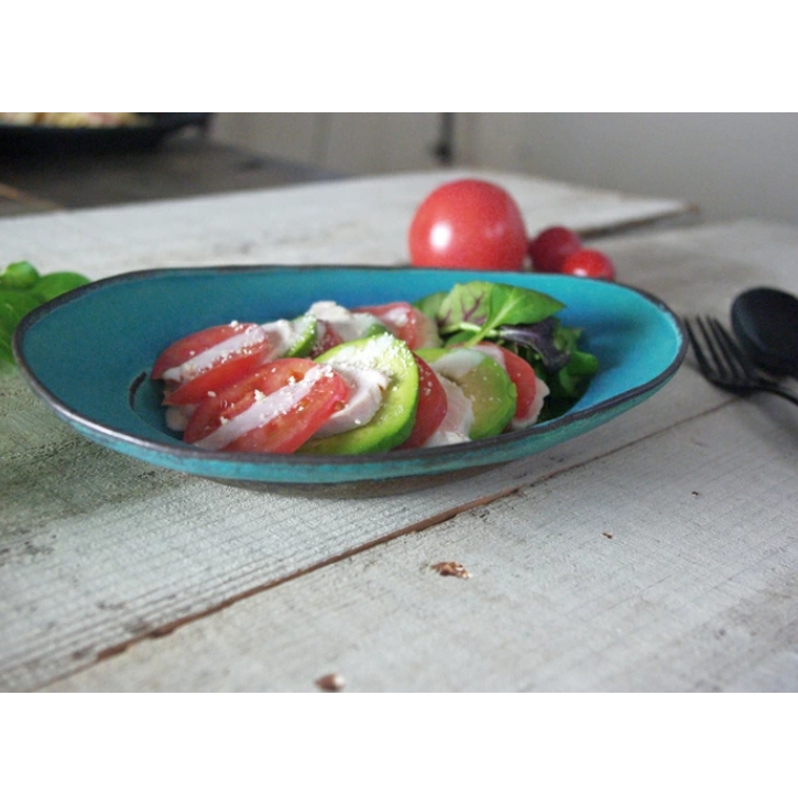 リム皿 楕円（大） シャビーターコイズ 益子焼 やさしい器シリーズ