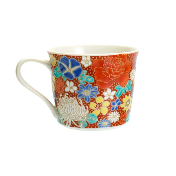 九谷焼 マグカップ 花詰 赤/青郊窯