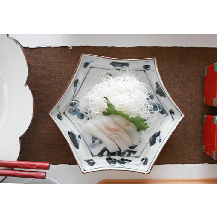 文吉窯  6寸六角皿　松鹿鶴
