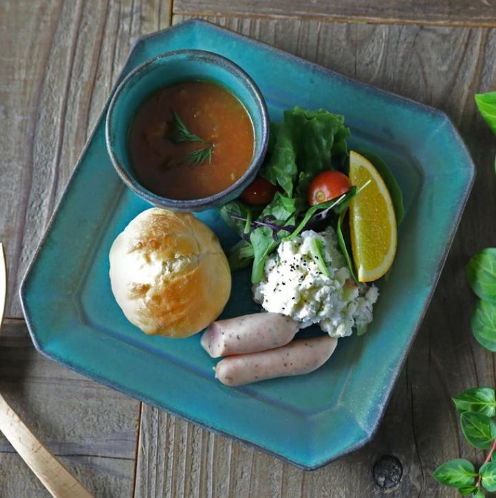 益子焼 八角オードブル皿 シャビーターコイズ スクエア 角皿 
