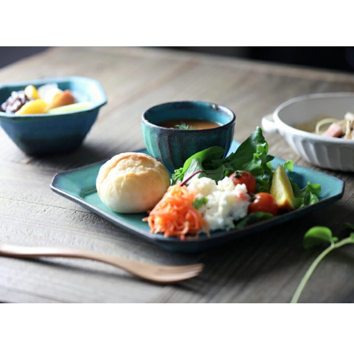 益子焼 八角オードブル皿 シャビーターコイズ スクエア 角皿 
