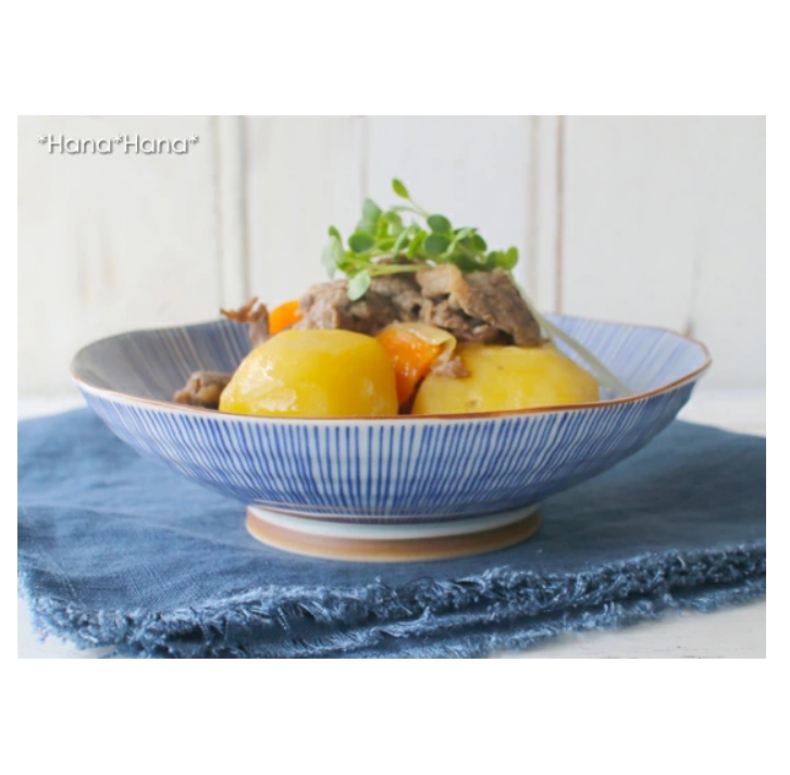 渕茶 染千筋 浅中鉢 17cm 波佐見焼