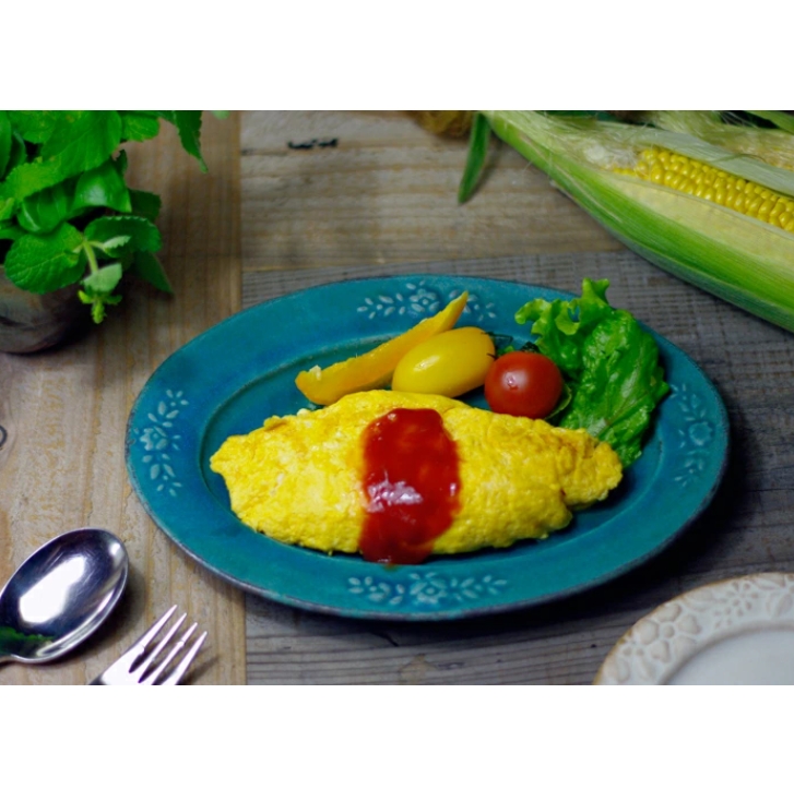 益子焼 シャビーターコイズ オーバル 花模様 おしゃれ ターコイズブルー 楕円皿