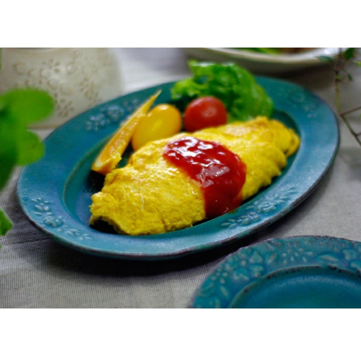 益子焼 シャビーターコイズ オーバル 花模様 おしゃれ ターコイズブルー 楕円皿