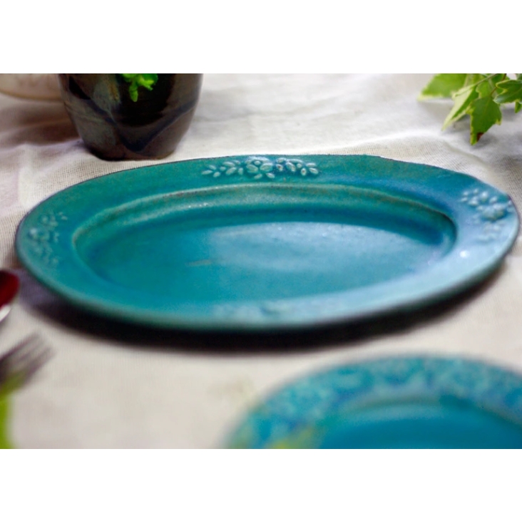 益子焼 シャビーターコイズ オーバル 花模様 おしゃれ ターコイズブルー 楕円皿