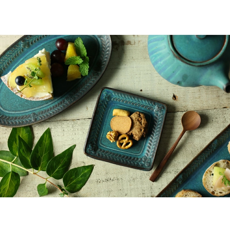 益子焼 ローズマリーの楕円皿 シャビーターコイズ わかさま陶芸 楕円皿 オーバル皿